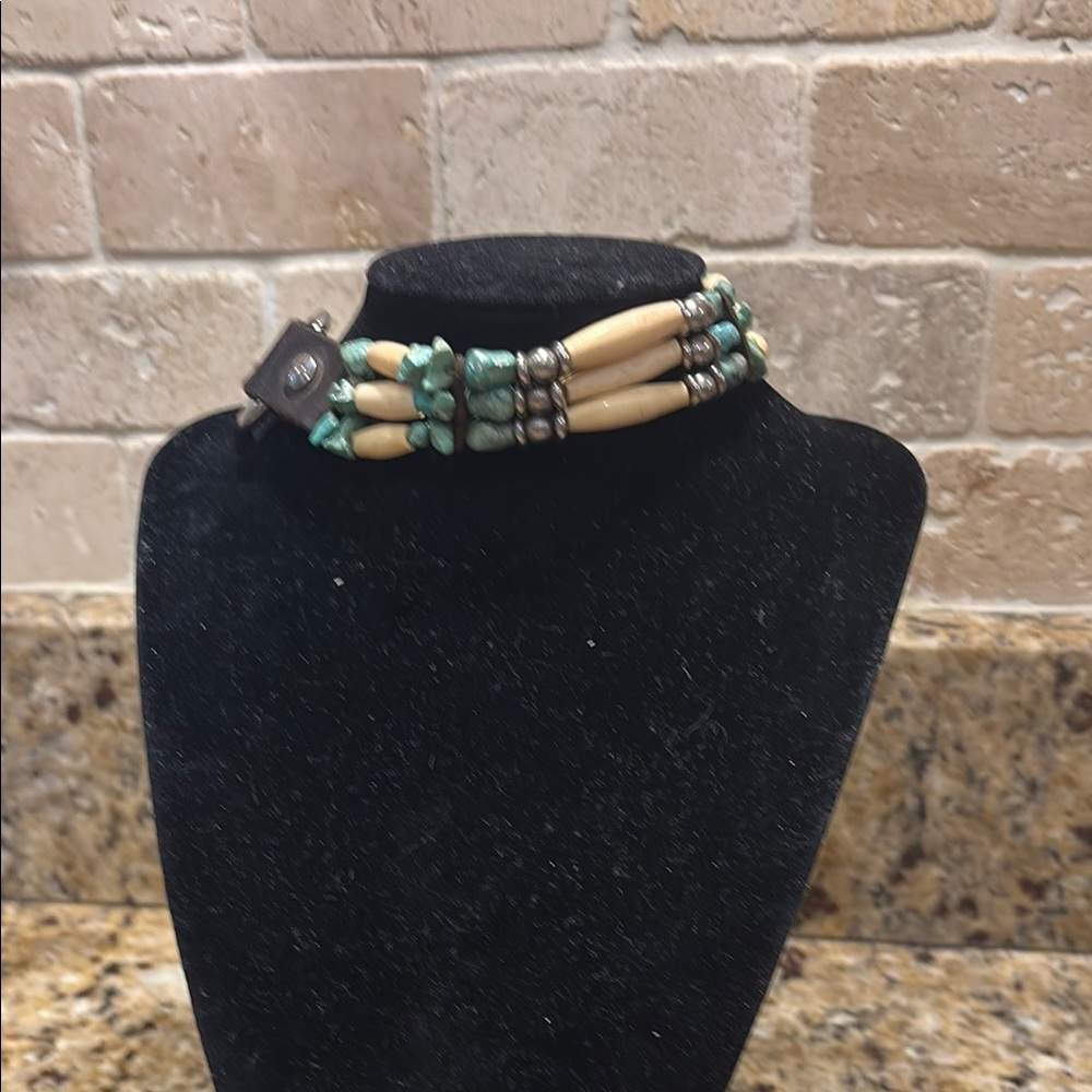 Unique vintage  turquoise, leather and bone collar necklace